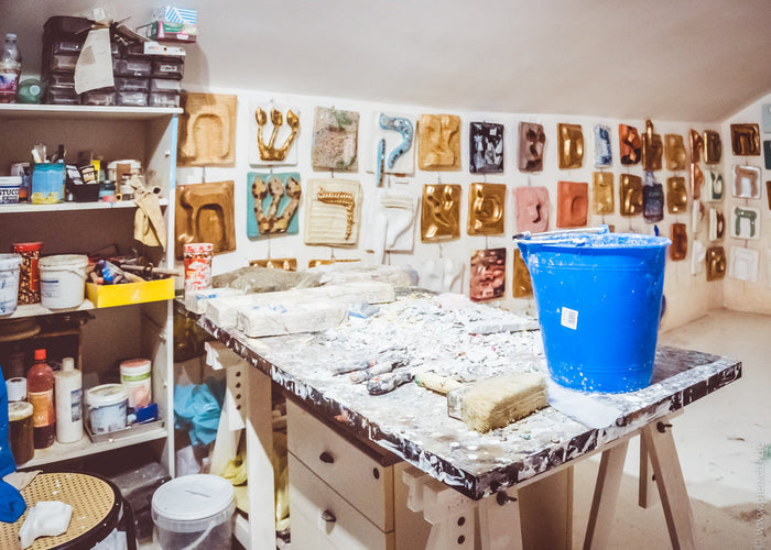 Hebrew letters art by Gabriele Levy, Hebrew alphabet art studio, Jewish art Hebrew letters, artist studio Hebrew typography, handcrafted Hebrew letters artwork, contemporary Hebrew art, Hebrew calligraphy modern art, creative studio workspace artist, scul