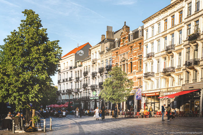Parvis de Saint-Gilles Brussels, Saint-Gilles Brussels photography, Brussels street photography, Brussels architecture photography, Parvis Saint-Gilles square, Brussels cafe culture, historic architecture Brussels, Belgian city life photography, Brussels 