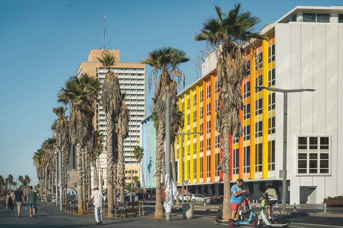 Rainbow Building Gordon Beach Tel Aviv, colorful architecture Tel Aviv, Stefanie Pietschmann Photographer, modern seaside building Israel, Pietschy Photography, Tel Aviv beachfront cityscape, vibrant urban design, Mediterranean city colors, sustainable wa
