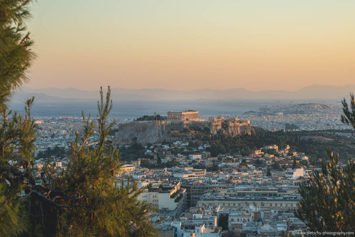 view of the Acropolis in Athens, Acropolis in Athens, Athens city view, Athens skyline, Parthenon view, Athens cityscape, sunset over Athens, panoramic view of Athens, Athens Greece photography, Acropolis photography, Athens wall art, Greece travel photog