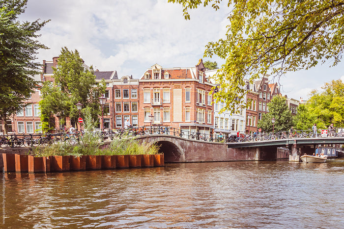 Amsterdam’s Prinsengracht, canal bridge Amsterdam, Stefanie Pietschmann Photographer, summer canals Netherlands, Pietschy Photography, Dutch architecture reflections, city of canals photography, timeless Amsterdam journey, sustainable wall art, storytelli