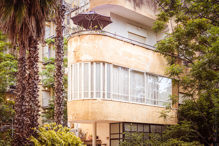 Bauhaus in Tel Aviv, modernist architecture Israel, Stefanie Pietschmann Photographer, White City Tel Aviv, Pietschy Photography, Bauhaus architectural heritage, urban nature integration, Bauhaus landmarks Tel Aviv, sustainable wall art, storytelling phot