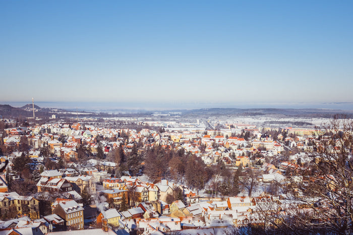 Winter in Blankenburg Harz, Harz Mountains winter landscape, Blankenburg Germany aerial view, snow covered town Germany, Harz region winter photography, German village in winter, red roofs snow scene, scenic Harz mountains view, Saxony-Anhalt winter lands