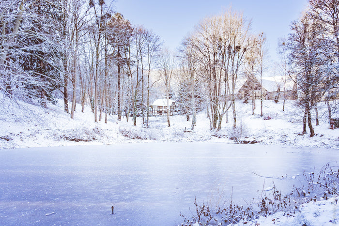 winter lake in the Harz Mountains Germany, frozen lake Harz winter, snow covered forest Germany, Harz Mountains winter landscape, Blankenburg Harz winter lake, Schlossteich Blankenburg winter, serene winter lake scene, icy lake reflection Germany, peacefu