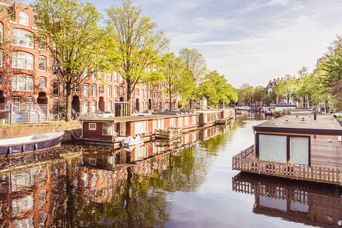 Houseboats in Amsterdam,  Amsterdam canal houseboats, Morning view Amsterdam canals, Dawn in Amsterdam houseboats, Amsterdam houseboats photography, Amsterdam canals at sunrise