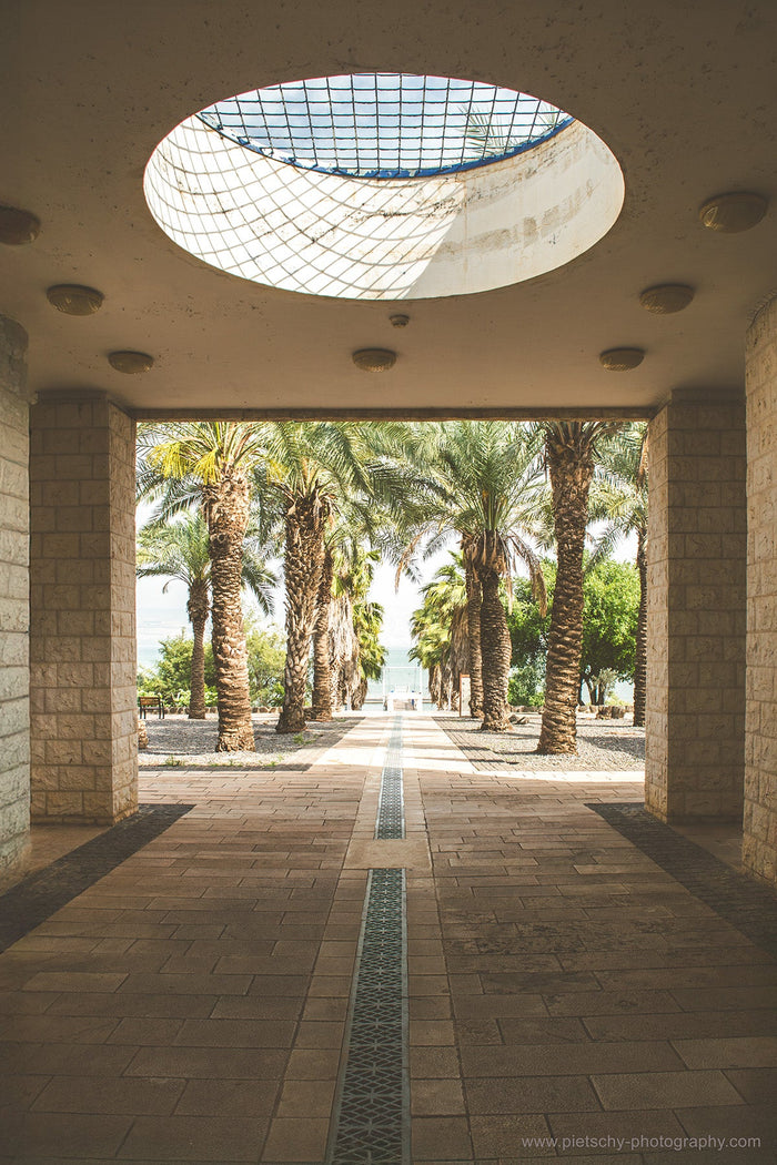 Sea of Galilee Kfar Nahum, Kfar Nahum National Park Israel, Sea of Galilee landscape, Israel travel photography, palm trees walkway Israel, Mediterranean atmosphere Israel, biblical sites Israel, lakeside promenade Galilee, nature and architecture Israel,