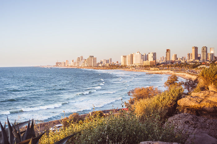 Tel Aviv beach, Tel Aviv coastline photography, Tel Aviv skyline and sea, Mediterranean coast Tel Aviv, Tel Aviv beach panorama, Tel Aviv cityscape by the sea, Israel beach photography, Tel Aviv sunset beach, Tel Aviv fine art print, Tel Aviv wall art