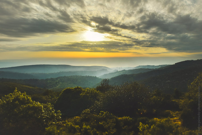 Sunset over Haifa, Israel landscape photography, Stefanie Pietschmann Photographer, golden hour mountain view, Pietschy Photography, coastal hills at dusk, emotional fine art landscape, hazy sunset horizon, sustainable wall art, storytelling photography