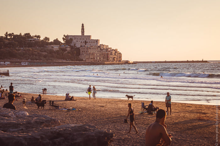 Sunset at Old Jaffa Beach Tel Aviv, Tel Aviv beach sunset photography, Stefanie Pietschmann Photographer, Old Jaffa coastline view, Pietschy Photography, Mediterranean evening light, Yafo beach atmosphere, Tel Aviv seaside life, sustainable wall art, stor