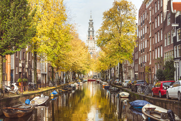Amsterdam’s Zuiderkerk, fall canal view Amsterdam, Stefanie Pietschmann Photographer, historic Dutch church tower, Pietschy Photography, autumn reflections cityscape, classic Amsterdam architecture, timeless canal scenery, sustainable wall art, storytelli