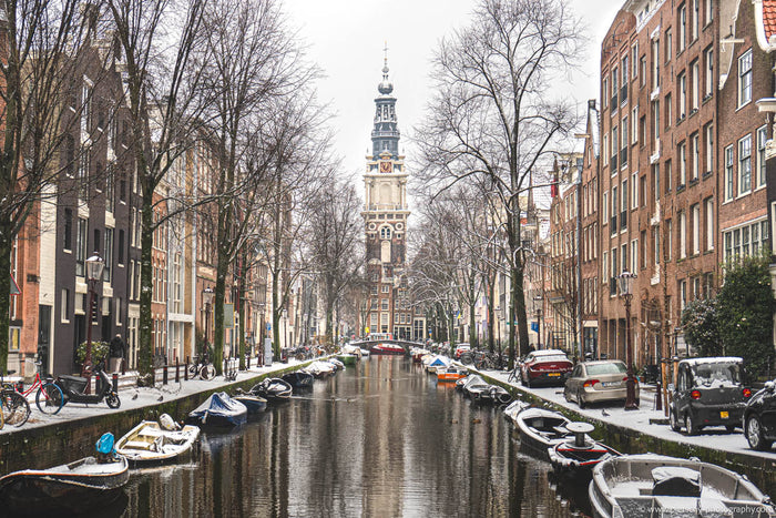 Zuiderkerk in Amsterdam in Winter, Amsterdam in winter, snow in Amsterdam, Zuiderkerk Amsterdam winter photography, Amsterdam winter canals, snowy canal Amsterdam, Amsterdam fine art photography winter, historic Amsterdam in snow, quiet winter cityscape A