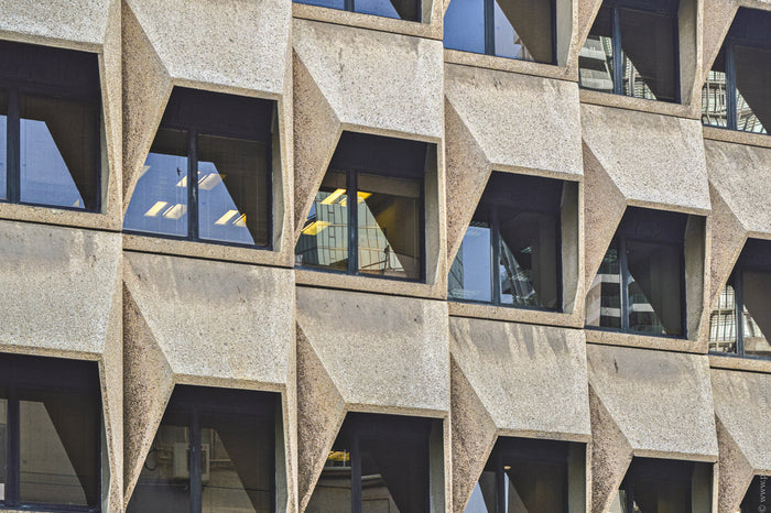 Leumi Bank Building Tel Aviv, brutalist architecture Israel, Stefanie Pietschmann Photographer, geometric concrete facade, Pietschy Photography, modern architecture photography, urban reflections Tel Aviv, architectural fine art print, sustainable wall ar