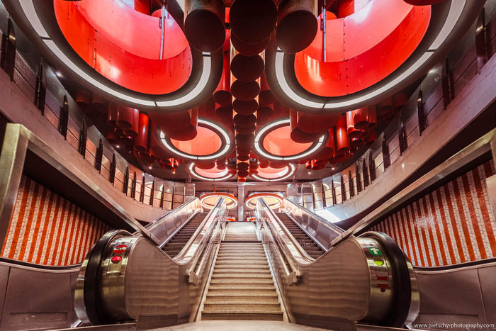 Metrostation Pannenhuis Brussels, Pannenhuis metro station, Brussels metro architecture, futuristic metro station design, Brussels underground station, red interior architecture, modern transport architecture, geometric interior photography, Brussels arch