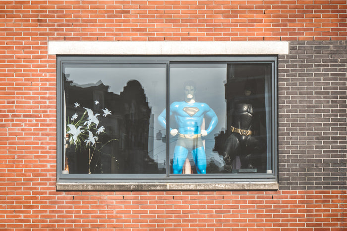 Amsterdam street photography, Superhero mannequins,  Superman and Batman, Unique window displays, Stefanie Pietschmann photography