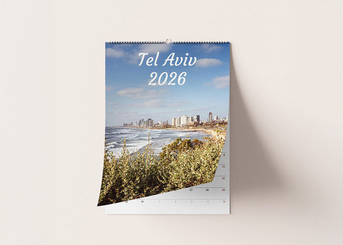 Tel Aviv wall calendar 2026, coastal city photography, Stefanie Pietschmann Photographer, Mediterranean skyline Tel Aviv, Pietschy Photography, fine art photo calendar, Israel travel inspiration, beach and cityscape calendar, sustainable wall art, storyte