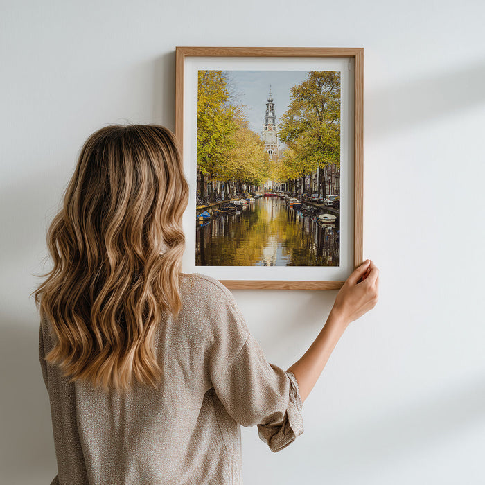 Amsterdam Fine Art Photography Prints, golden light Amsterdam canal, Stefanie Pietschmann Photographer, Zuiderkerk autumn scene, Pietschy Photography, amsterdam poster wall art, zuiderkerk amsterdam wall art, zuiderkerk in amsterdam, sustainable fine art 