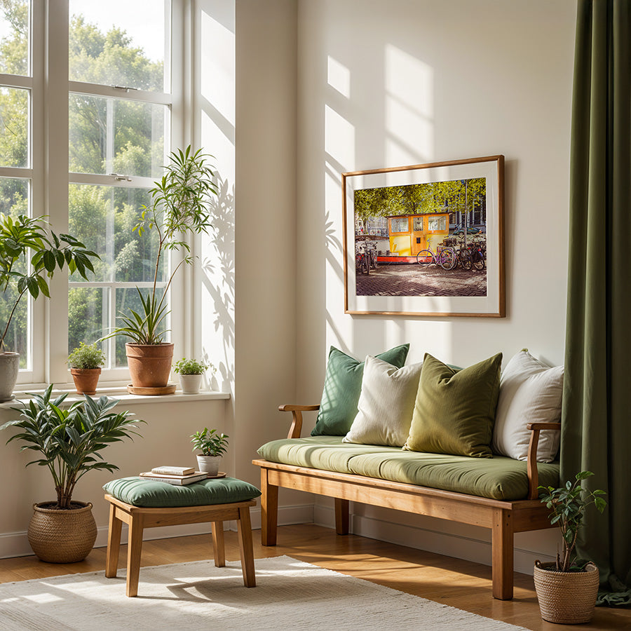 Amsterdam wall art, Amsterdam poster, summer cityscape print, fine art photography print, bicycle art print, Dutch city print, museum-quality print, sustainable art print, unframed art print, archival print, Amsterdam canal print, summer bicycle wall art, urban summer photography