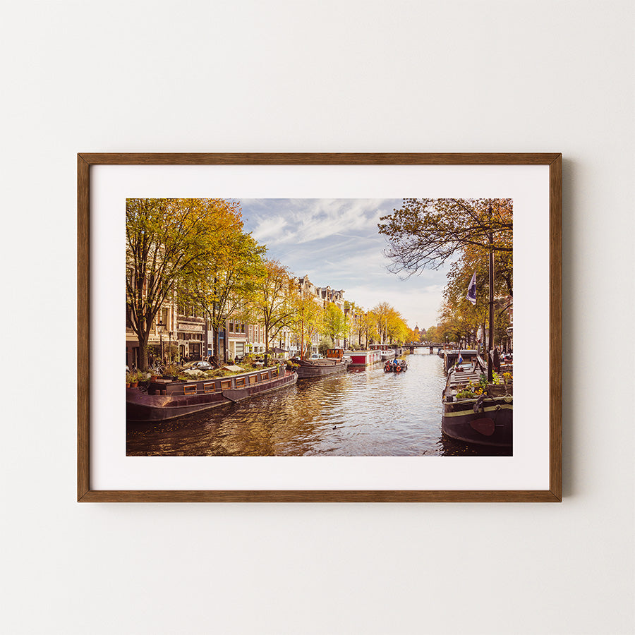 Amsterdam wall art, autumn photography print, canal poster, Amsterdam photo print, fine art photography, fall wall decor, Amsterdam canal print, travel wall art, Dutch cityscape, Amsterdam poster, museum-quality art print, urban landscape photography, architectural wall decor, fall Amsterdam wall art