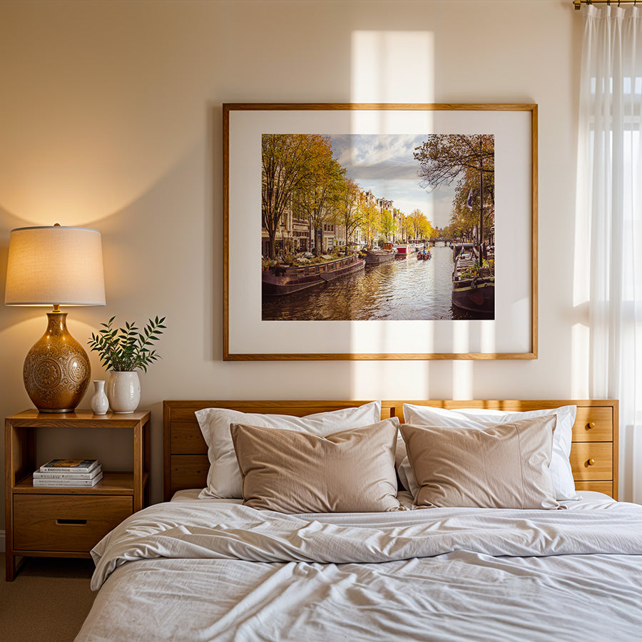 Amsterdam wall art, autumn photography print, canal poster, Amsterdam photo print, fine art photography, fall wall decor, Amsterdam canal print, travel wall art, Dutch cityscape, Amsterdam poster, museum-quality art print, urban landscape photography, architectural wall decor, fall Amsterdam wall art