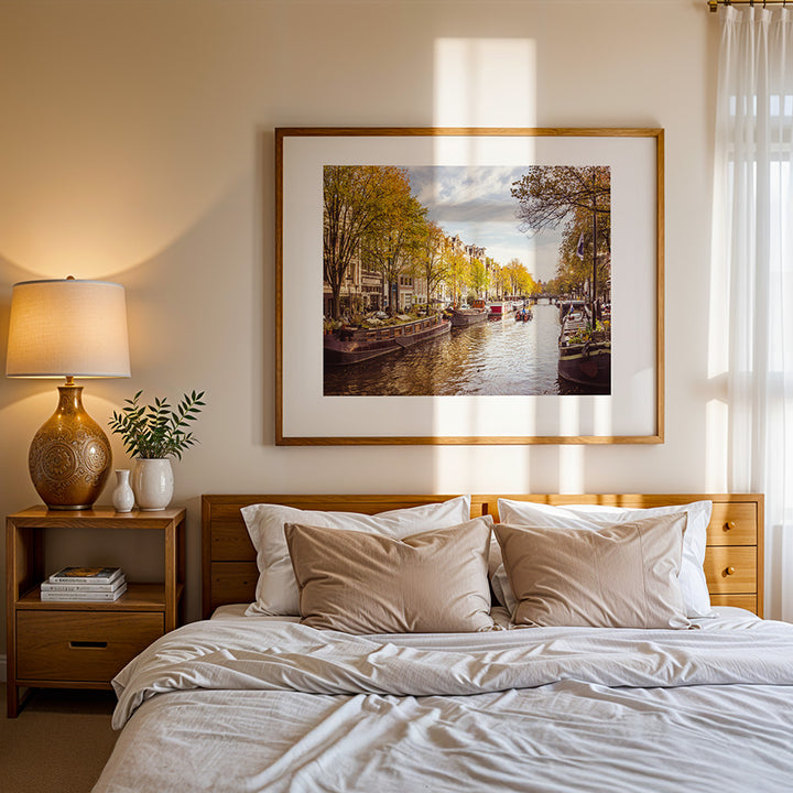 Amsterdam wall art, autumn photography print, canal poster, Amsterdam photo print, fine art photography, fall wall decor, Amsterdam canal print, travel wall art, Dutch cityscape, Amsterdam poster, museum-quality art print, urban landscape photography, architectural wall decor, fall Amsterdam wall art