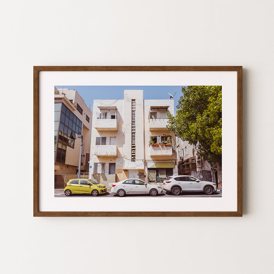 Bauhaus wall art, Tel Aviv architecture print, Matalon Street Tel Aviv, vintage car photography, Bauhaus design photo, Israel cityscape print, modernist architecture art, White City Tel Aviv, fine art photo print, urban Bauhaus decor