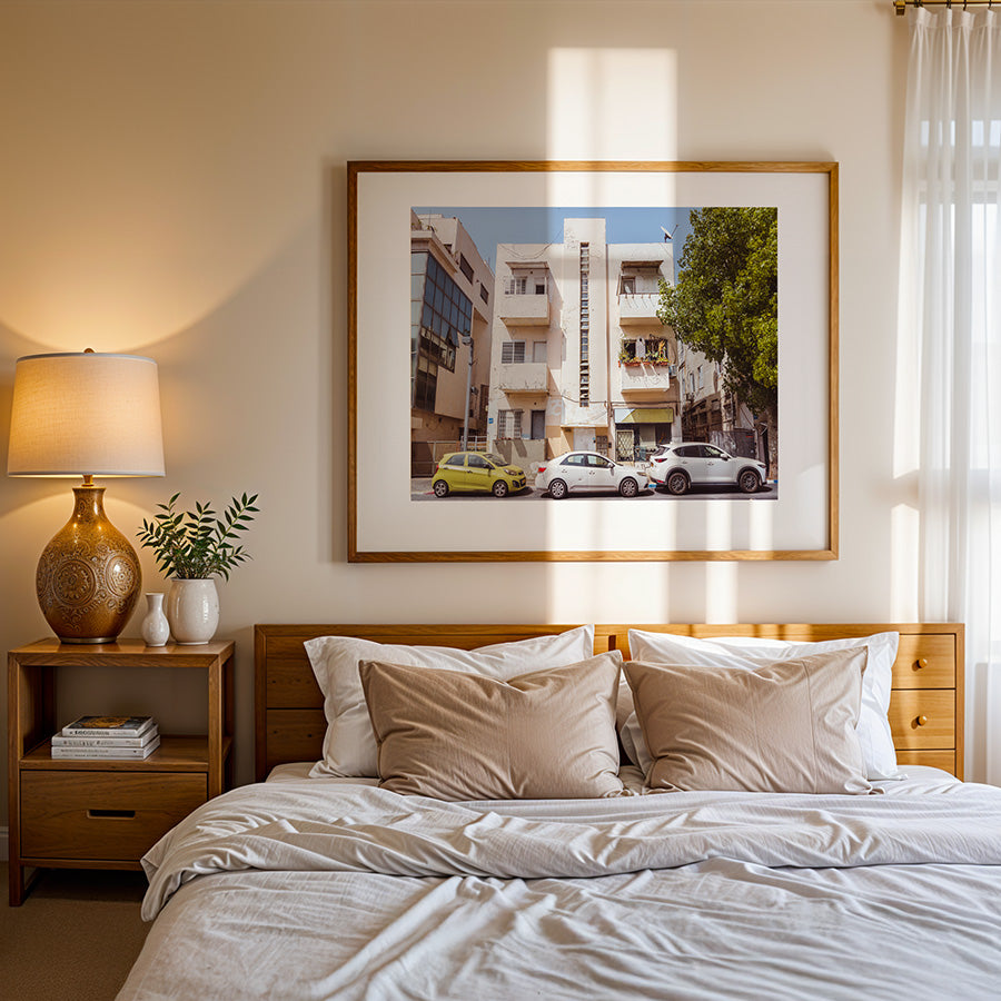 Bauhaus wall art, Tel Aviv architecture print, Matalon Street Tel Aviv, vintage car photography, Bauhaus design photo, Israel cityscape print, modernist architecture art, White City Tel Aviv, fine art photo print, urban Bauhaus decor