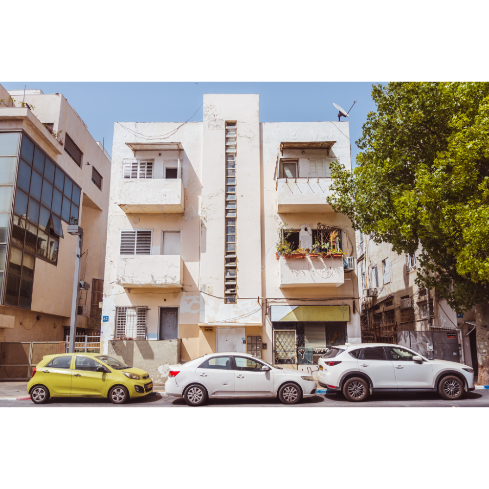Bauhaus wall art, Tel Aviv architecture print, Matalon Street Tel Aviv, vintage car photography, Bauhaus design photo, Israel cityscape print, modernist architecture art, White City Tel Aviv, fine art photo print, urban Bauhaus decor