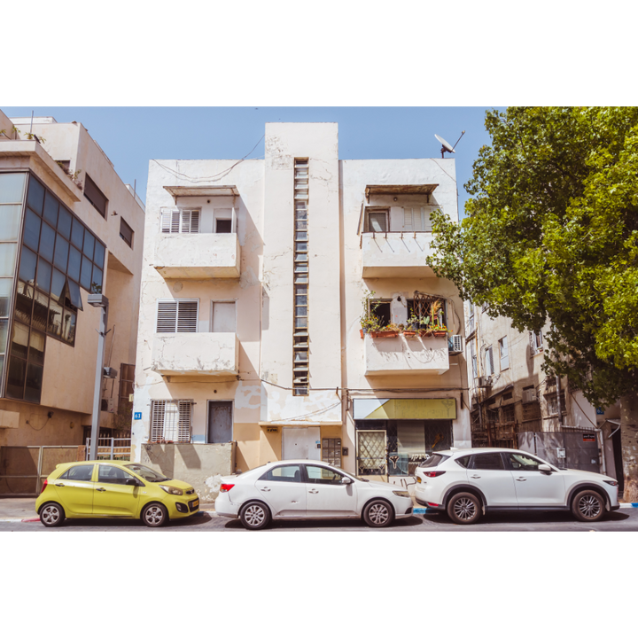 Bauhaus wall art, Tel Aviv architecture print, Matalon Street Tel Aviv, vintage car photography, Bauhaus design photo, Israel cityscape print, modernist architecture art, White City Tel Aviv, fine art photo print, urban Bauhaus decor