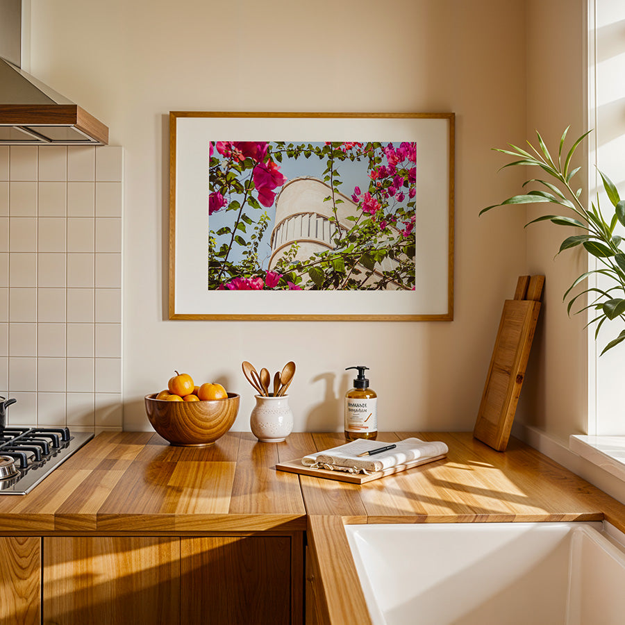 Tel Aviv wall art, Bauhaus architecture print, pink flower photo, Mediterranean wall decor, Israel photography print, minimalist Bauhaus poster, White City Tel Aviv, modern architecture art, Tel Aviv Bauhaus poster, floral architecture art, fine art photography print