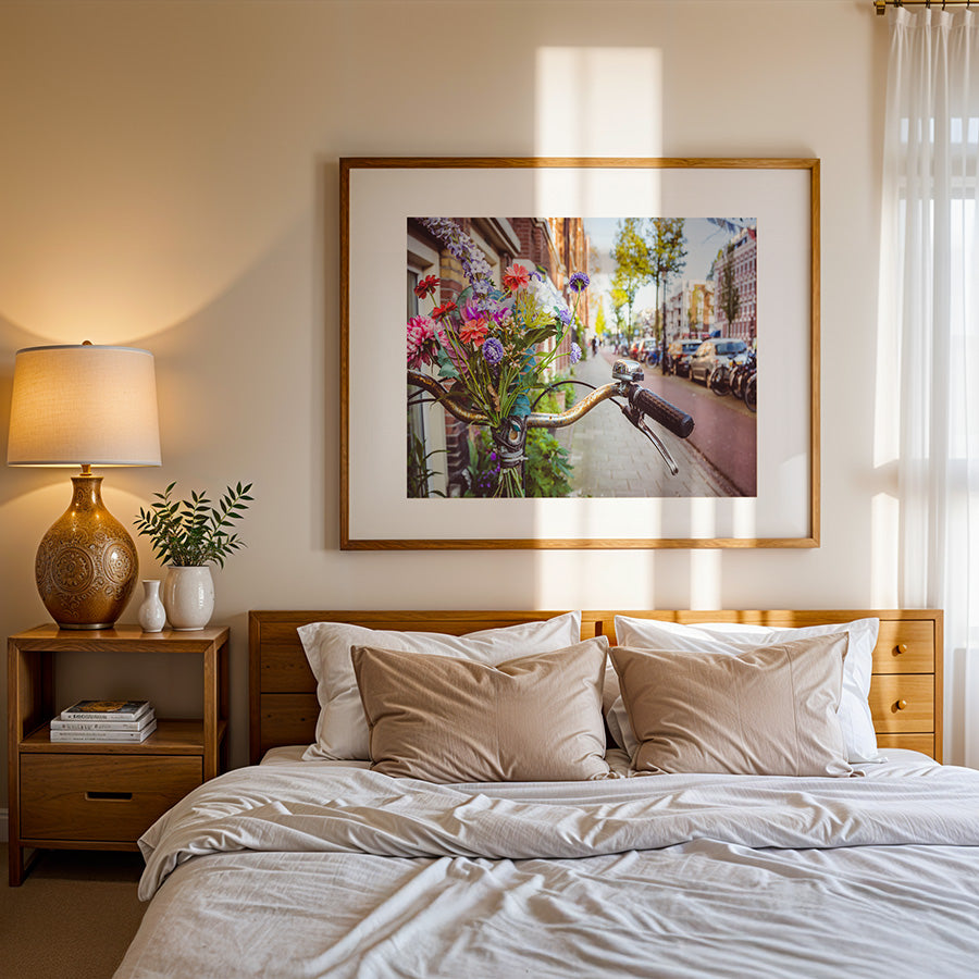 Amsterdam wall art, Amsterdam poster, Amsterdam print, bicycle wall art, flower photography print, canal art print, Netherlands wall decor, Amsterdam fine art, cityscape wall art, urban photography print, Dutch architecture photo, floral travel poster
