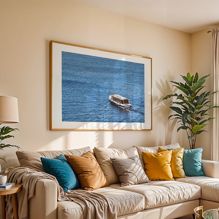 Amsterdam wall art, boat on IJ river, IJ river Amsterdam print, Amsterdam canal boat photo, Netherlands travel photography, Dutch waterway art, fine art Amsterdam poster, minimalist boat print, cinematic water photography, museum-quality wall decor, Amsterdam fine art print