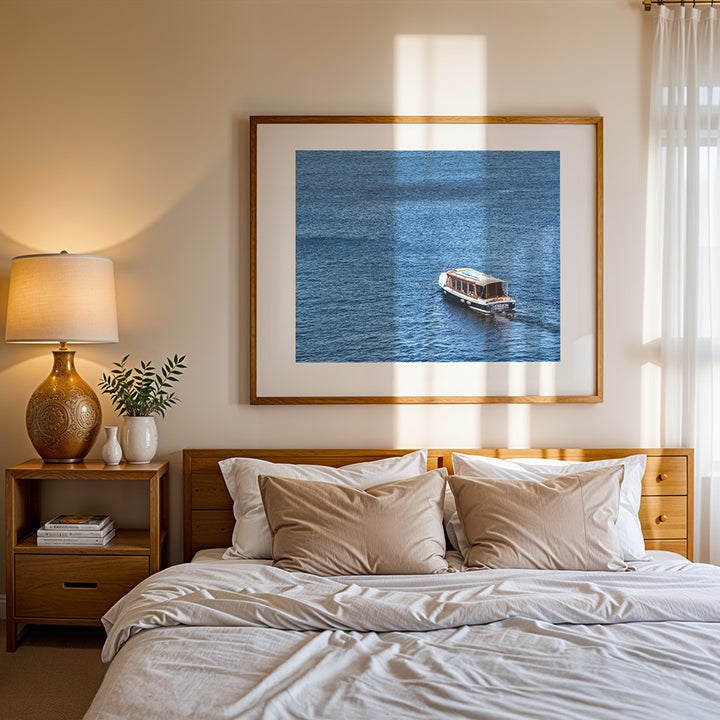 Amsterdam wall art, boat on IJ river, IJ river Amsterdam print, Amsterdam canal boat photo, Netherlands travel photography, Dutch waterway art, fine art Amsterdam poster, minimalist boat print, cinematic water photography, museum-quality wall decor, Amsterdam fine art print