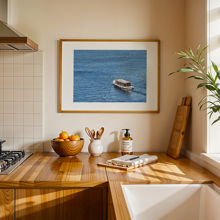 Amsterdam wall art, boat on IJ river, IJ river Amsterdam print, Amsterdam canal boat photo, Netherlands travel photography, Dutch waterway art, fine art Amsterdam poster, minimalist boat print, cinematic water photography, museum-quality wall decor, Amsterdam fine art print