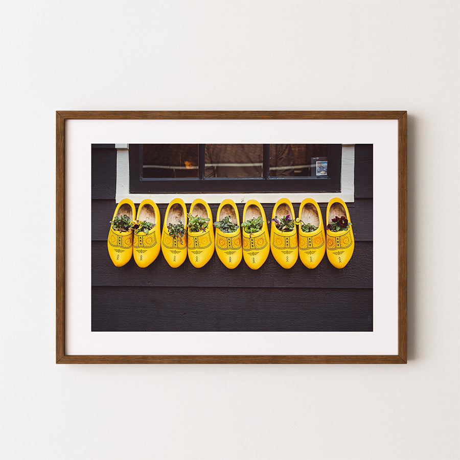 Dutch wooden shoes wall art, Zaanse Schans poster, Dutch landscape print, Netherlands fine art print, traditional wooden clogs art, museum-quality photo print, sustainable wall decor, authentic Dutch photography