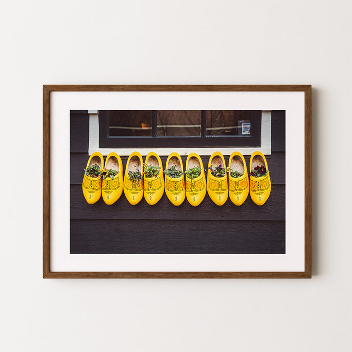 Dutch wooden shoes wall art, Zaanse Schans poster, Dutch landscape print, Netherlands fine art print, traditional wooden clogs art, museum-quality photo print, sustainable wall decor, authentic Dutch photography