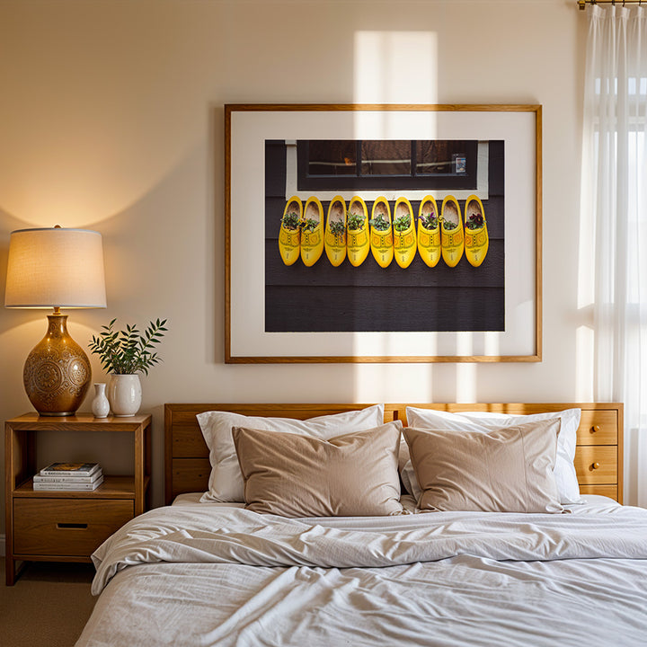 Dutch wooden shoes wall art, Zaanse Schans poster, Dutch landscape print, Netherlands fine art print, traditional wooden clogs art, museum-quality photo print, sustainable wall decor, authentic Dutch photography