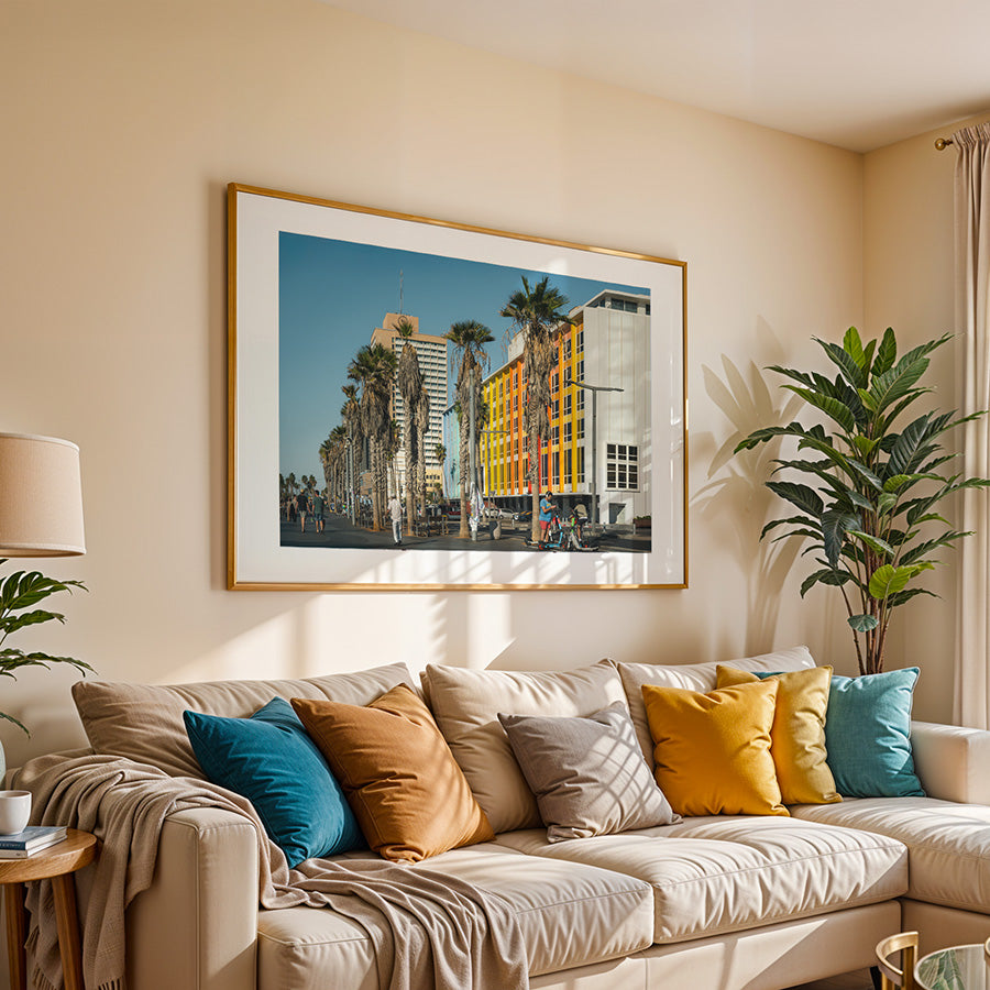 Gordon Beach in Tel Aviv, Tel Aviv wall art, Tel Aviv fine art photography prints, Tel Aviv poster, Gordon Beach print, Dan Tel Aviv hotel promenade, Mediterranean coastal art, Israel travel wall art, Tel Aviv photography, Israeli cityscape print, beach promenade art, modern wall decor