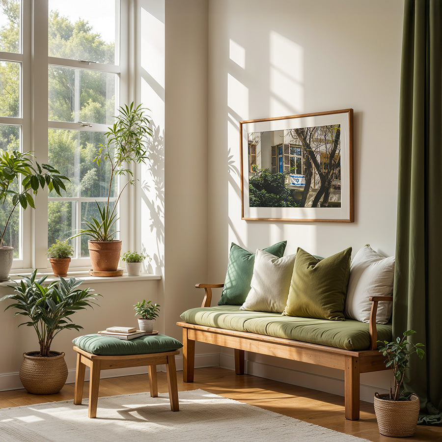 This Tel Aviv Israeli flag wall art captures a quiet moment of city life, where open shutters, soft light, and the Magen David on a balcony come together in a scene full of heritage and warmth. A fine art print that adds meaning, calm, and architectural charm to any space.