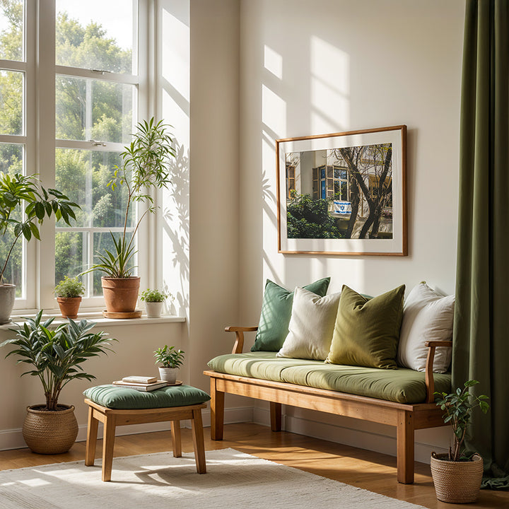This Tel Aviv Israeli flag wall art captures a quiet moment of city life, where open shutters, soft light, and the Magen David on a balcony come together in a scene full of heritage and warmth. A fine art print that adds meaning, calm, and architectural charm to any space.