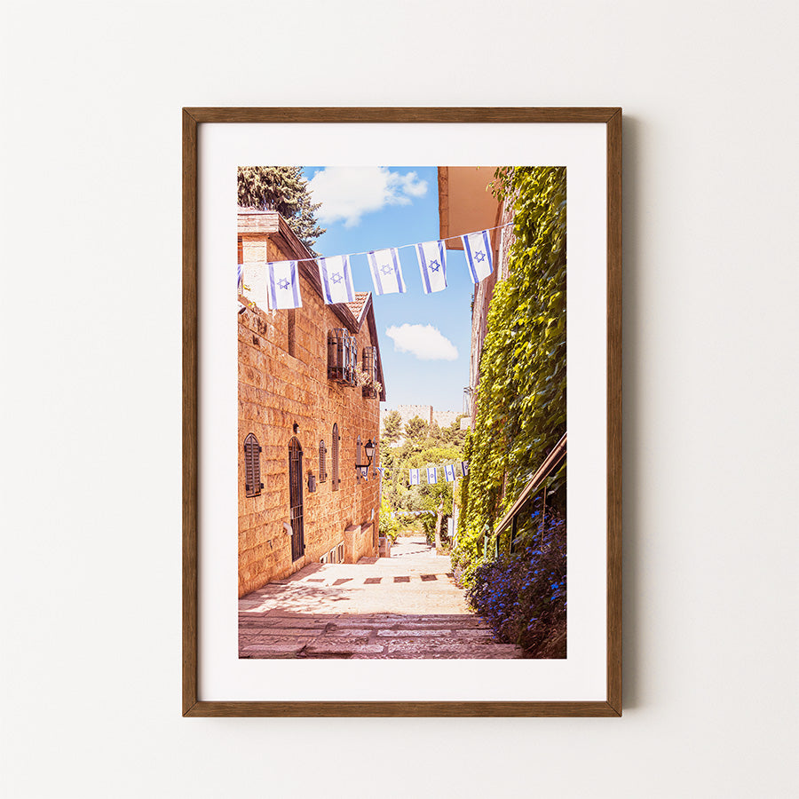 Jerusalem poster, Yemin Moshe wall art, Israeli flag print, Israel photography, Jewish decor, Jerusalem fine art, Old City print, Israel travel poster, Middle East wall art, Jerusalem street photo