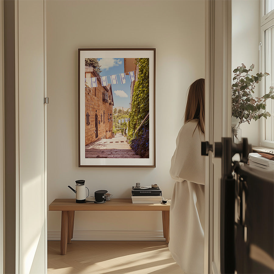 Jerusalem poster, Yemin Moshe wall art, Israeli flag print, Israel photography, Jewish decor, Jerusalem fine art, Old City print, Israel travel poster, Middle East wall art, Jerusalem street photo