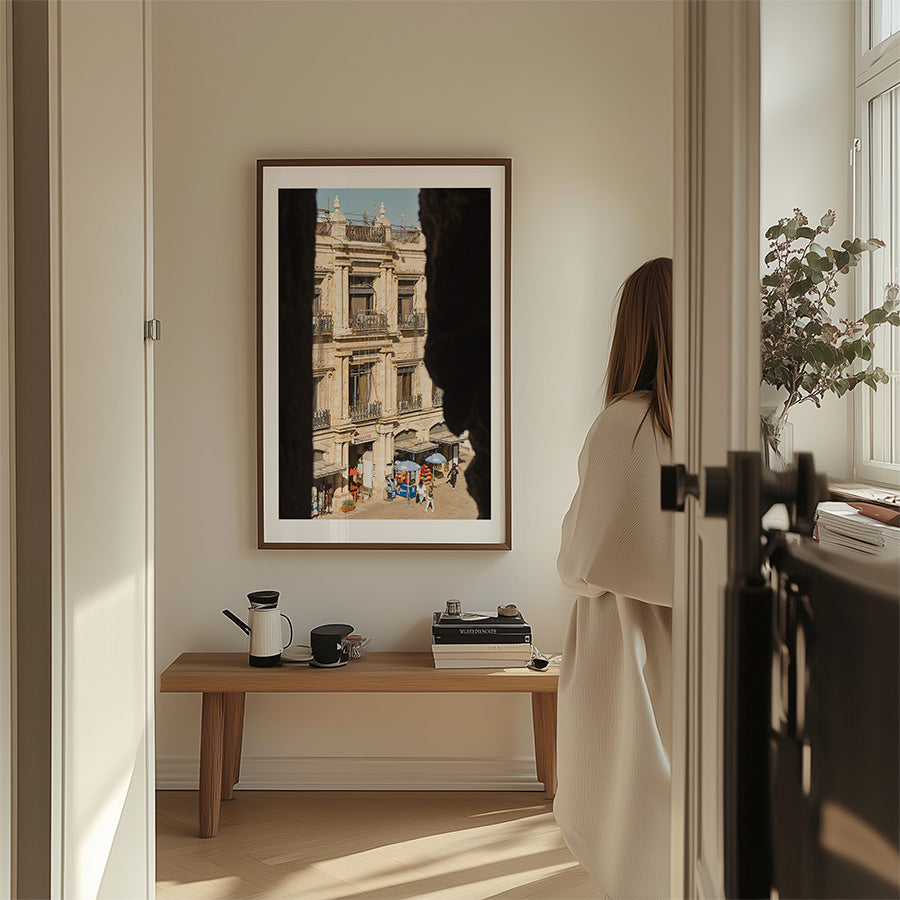 This Jerusalem wall art invites you into the timeless calm of the Old City, where golden stone meets shadow and light. Framed by the Tower of David, this view reveals a sunlit corner of Jerusalem, where daily rhythm meets historic architecture.
