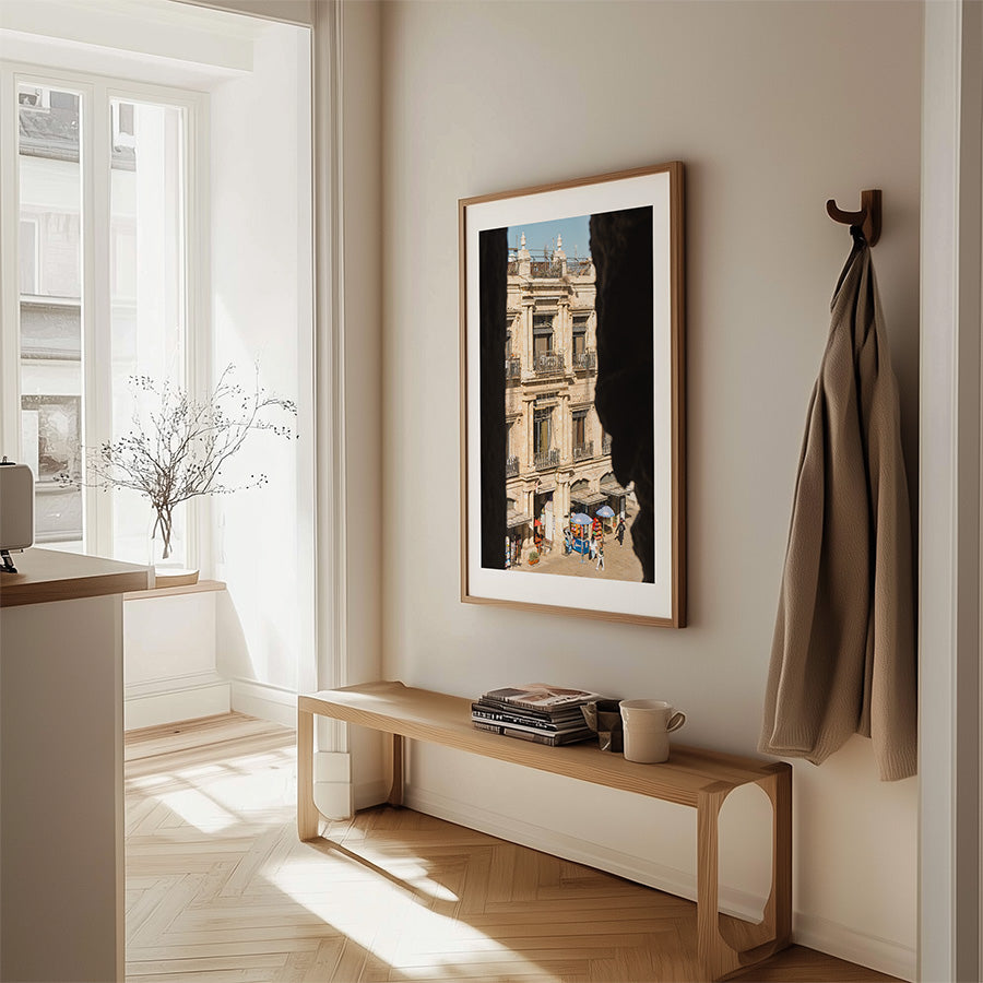 This Jerusalem wall art invites you into the timeless calm of the Old City, where golden stone meets shadow and light. Framed by the Tower of David, this view reveals a sunlit corner of Jerusalem, where daily rhythm meets historic architecture.
