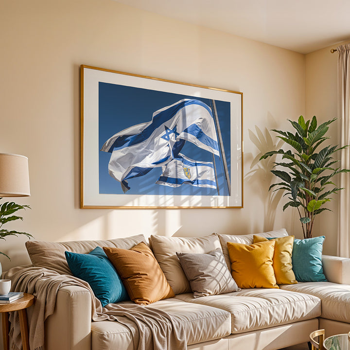 Jerusalem flag, Israel flag, Israel wall art, Jerusalem poster, Israeli flag print, Middle East photography, Jerusalem fine art, Israeli wall decor, urban photography print, Jerusalem travel art, meaningful wall art, museum-grade print