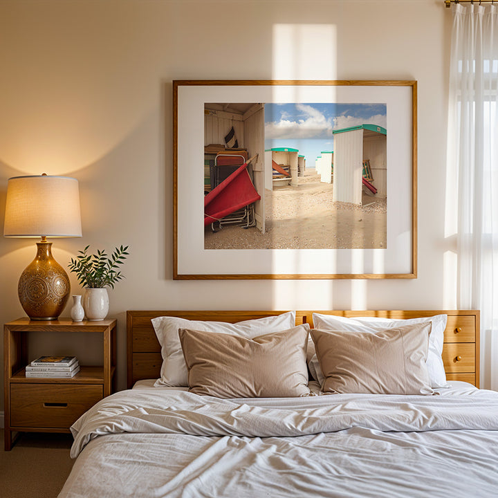 Netherlands beach wall art, Katwijk aan Zee wall art, Dutch coast print, summer beach print, coastal fine art, beach photography poster, seascape print Netherlands, Netherlands coastal photography, fine art beach scene, Dutch seaside wall decor, beach hut photography, Dutch beach cabins, minimalist coastal print