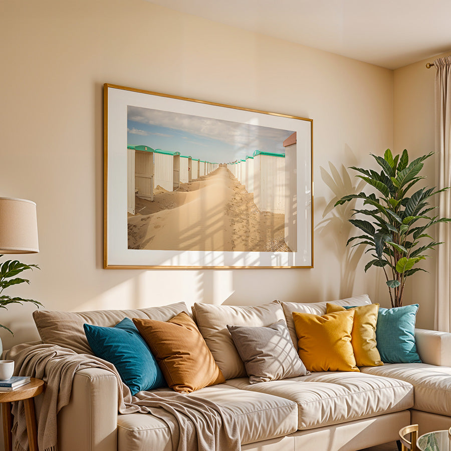 Netherlands beach wall art, Katwijk aan Zee wall art, Dutch coast print, sand dune photo print, summer beach photography, coastal fine art print, beach huts Netherlands, Dutch beach wall decor, seascape poster Netherlands, minimal beach wall art, fine art beach print