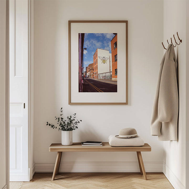 Manchester wall art, Manchester worker bee poster, fine art photography print, urban nature art, cityscape wall art, Manchester bee print, eco-friendly art print, museum-quality wall art