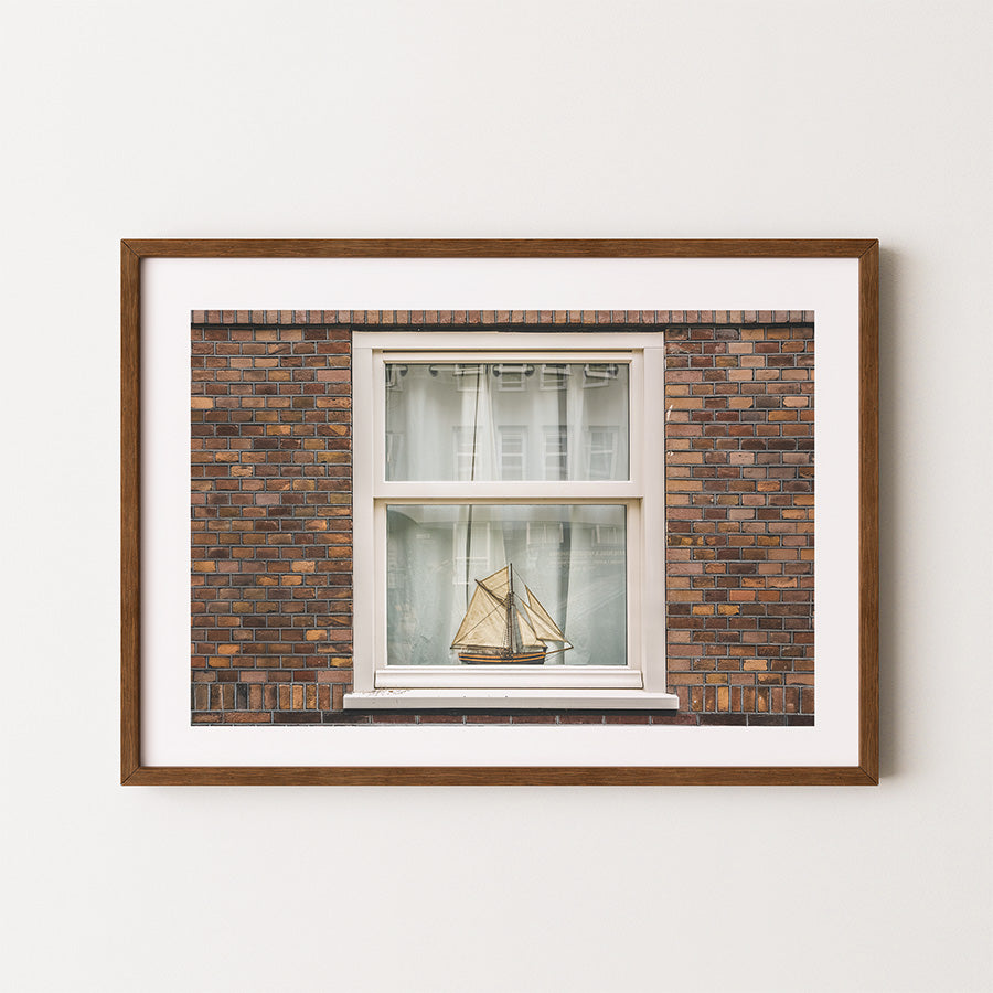 Amsterdam wall art, nautical wall art, sailboat print, Amsterdam print, window photography print, fine art photography print, Amsterdam poster, brick wall art, travel wall art, quiet wall decor