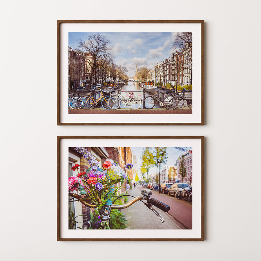 Amsterdam wall art, Dutch canal art, Amsterdam poster, bicycle flower print, Netherlands photography, set of 2 art prints, Amsterdam fine art, canal print, Amsterdam decor, travel wall art, urban photography print, cityscape poster, bicycle Amsterdam art