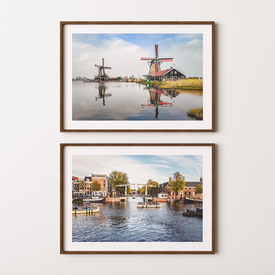 set of 2 Amsterdam prints, Amsterdam wall art set, Netherlands wall art, Dutch windmill print, Amsterdam canal print, Zaanse Schans poster, Walter Süskindbrug print, canal bridge wall art, Dutch landscape print, Netherlands poster, fine art print set, travel photography print, Dutch wall art
